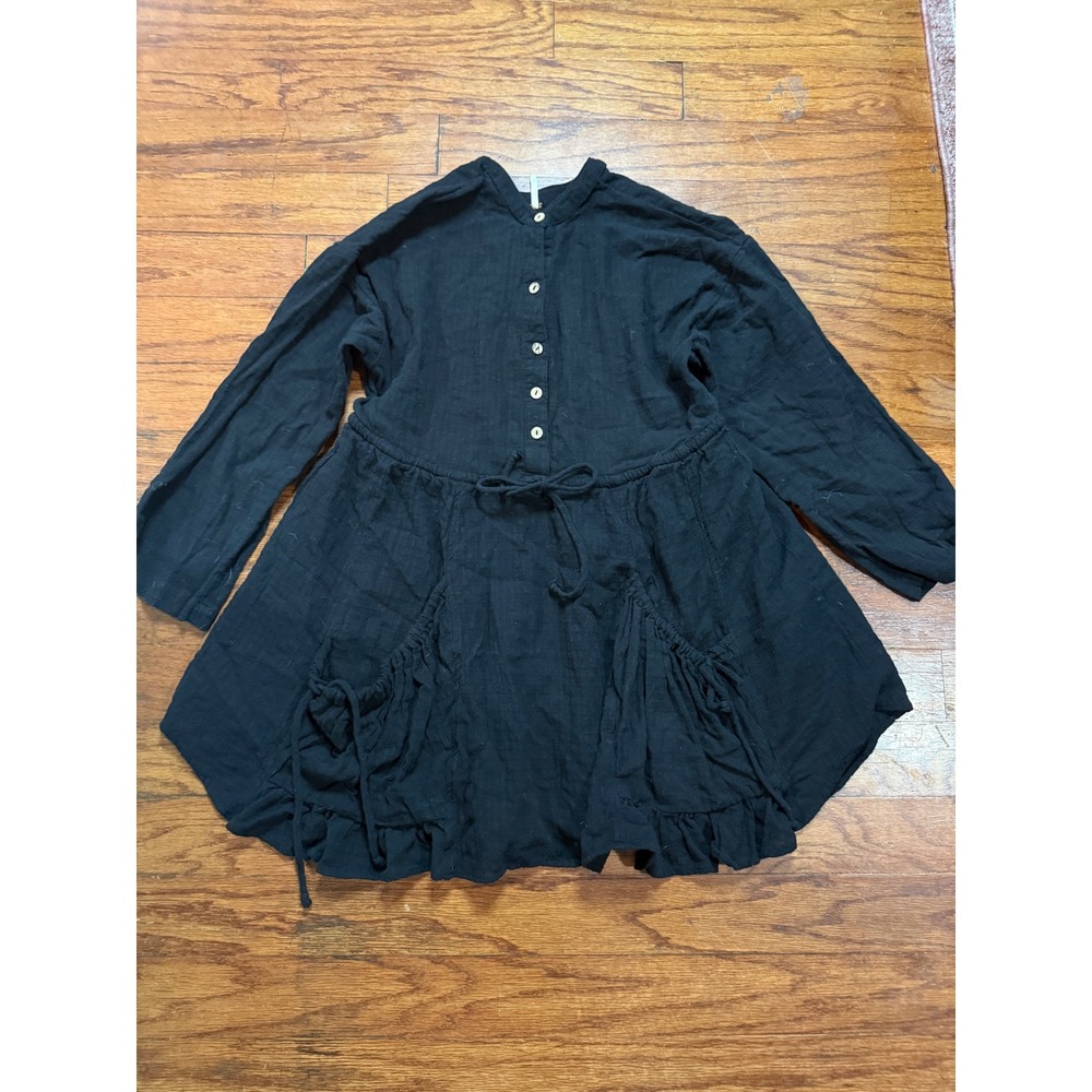 Free People Black Cotton Gauze Button Front Ruffle Mini Dress Tunic XS